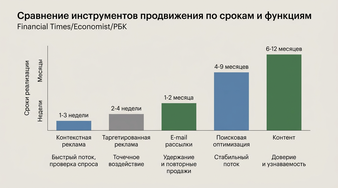 Сравнение инструментов продвижения по срокам и функциям